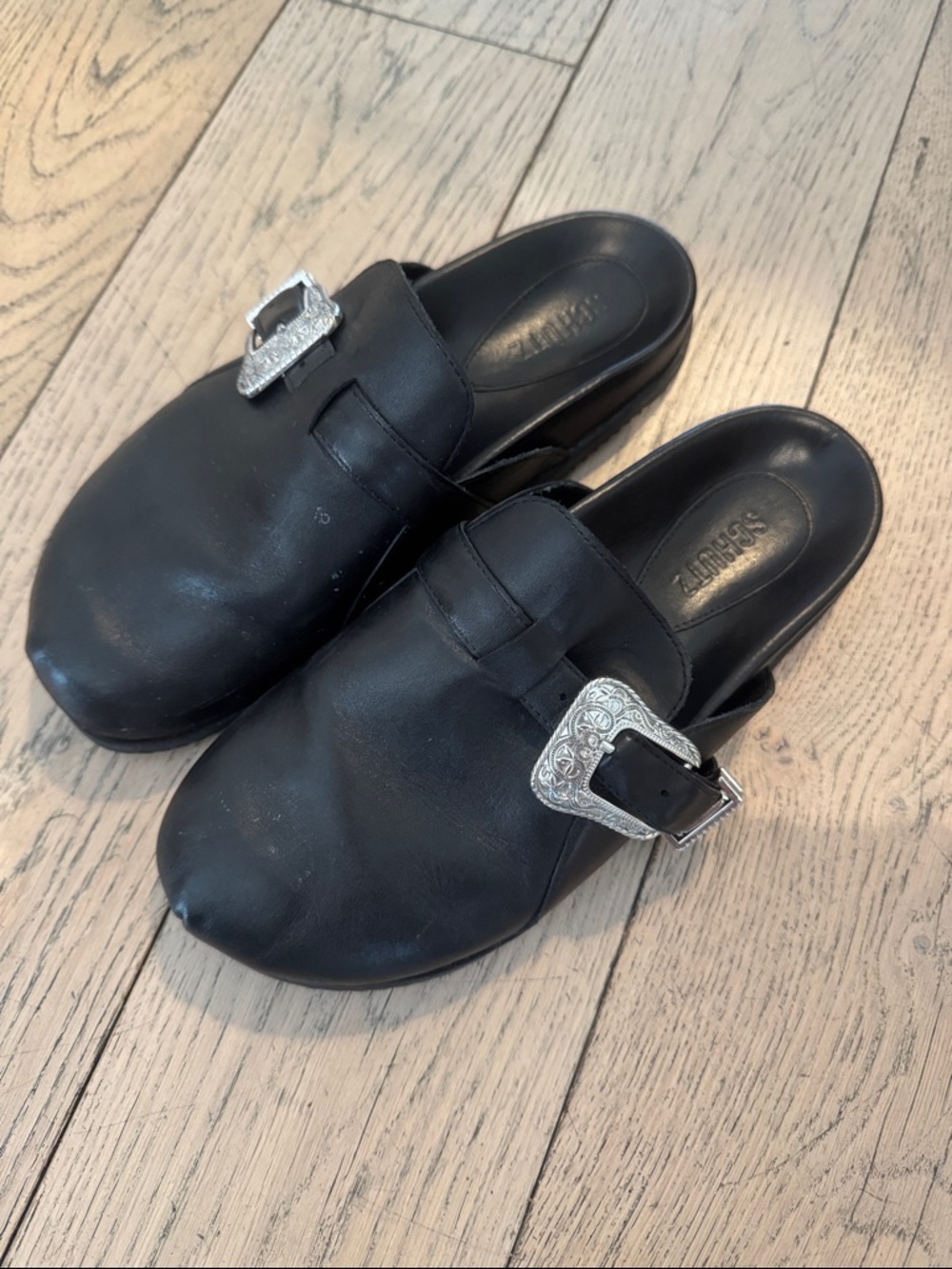 Shutz Black Leather Slip-On Mules with Western Buckles